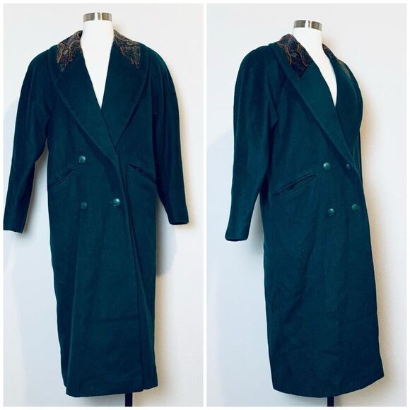 Vintage Green Wool Blend Princess Trench Peacoat Small Medium Velvet - Picture 1 of 9